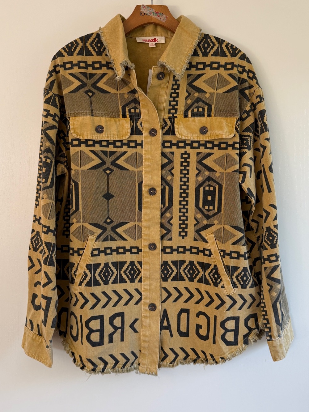 Mazik Button-Front Aztec Print Shirt Jacket in Yellow and Black Shacket